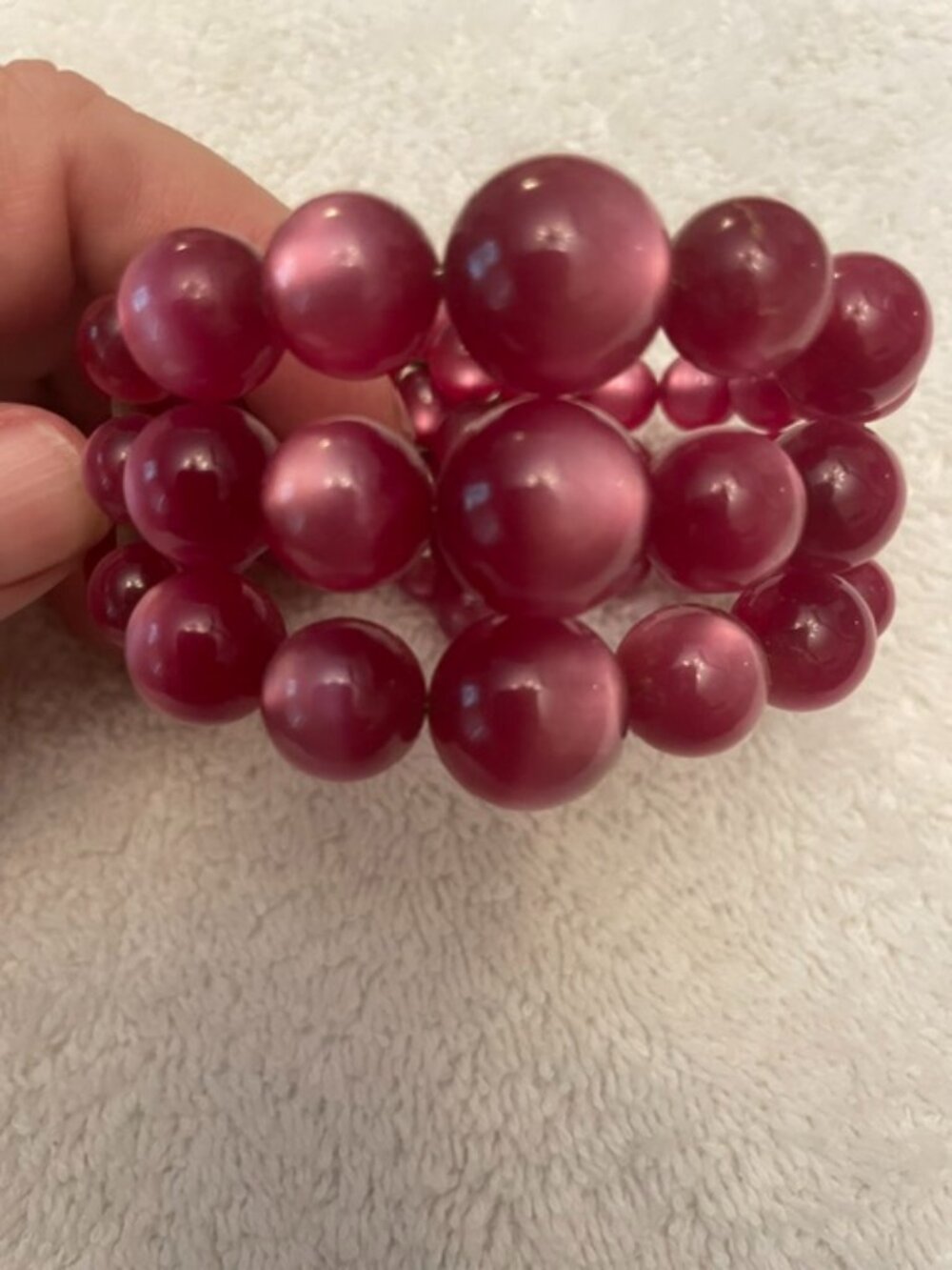 "Moon Glow" fuchsia/pink Lucite multi-strand stretch cuff bracelet
